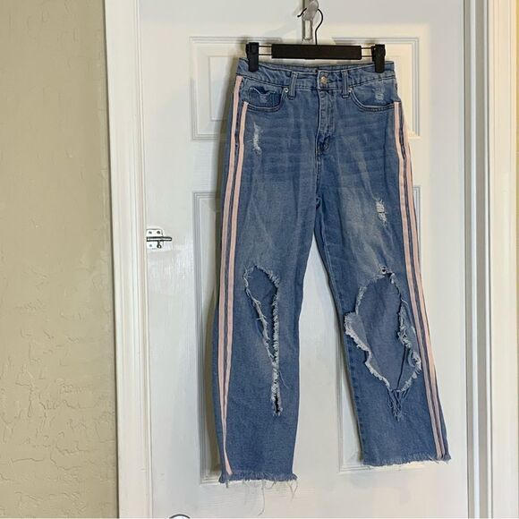 Wild Fable High Rise Kick Flare Distressed Pink Side Stripe Jeans Size 2 - Picture 3 of 9